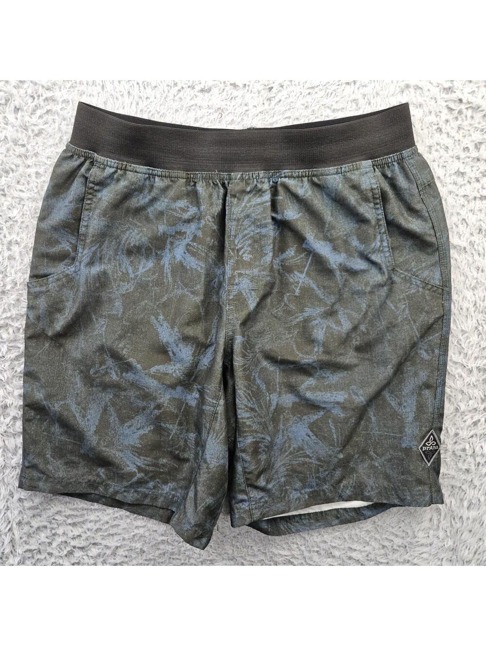 prAna Mojo Shorts Pull On Men Medium #M3MOJO110 Green Blue 30-34x9" Bermuda Yoga